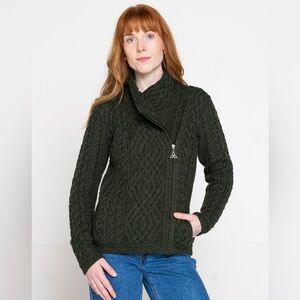 Aran Crafts Shannon Cardigan Army Green Cable-Knitted 100% Merino Wool Women’s
